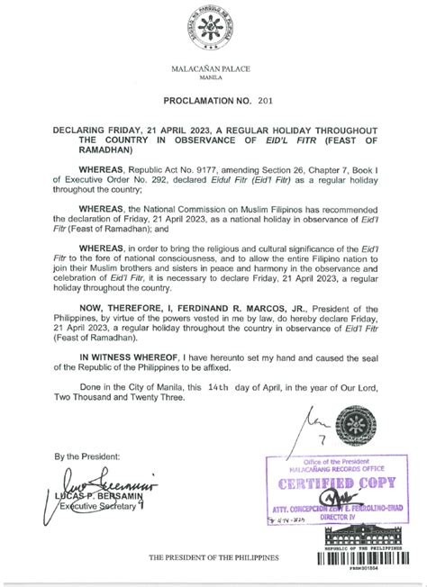 eid al-fitr 2023 philippines|Proclamation No. 201, s. 2023 .